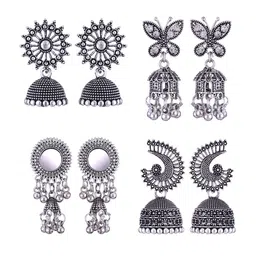 MEENAZ Set Of 4 Silver-Plated Stainless Steel Peacock Shaped Jhumkas-picture-10