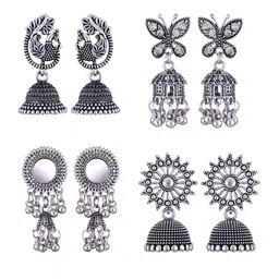 MEENAZ Set Of 4 Silver-Plated Stainless Steel Stones Studded & Beads Beaded Jhumkas-picture-24