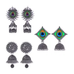 MEENAZ Set Of 3 Silver-Plated Dome Shaped Oxidised Jhumkas-image-25