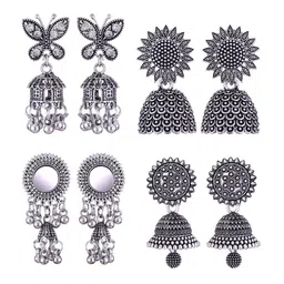 MEENAZ Set Of 4 Silver-Plated Stainless Steel Jhumkas Earrings-picture-15