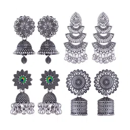 MEENAZ Set Of 4 Silver-Plated Dome Shaped Jhumkas-picture-14