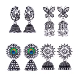 MEENAZ Set Of 4 Silver-Plated Stainless Steel Peacock Shaped Jhumkas-picture-21