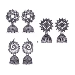 MEENAZ Set of 3 Silver-Plated Dome Shaped Jhumkas Earrings-picture-11