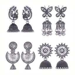 MEENAZ Set Of 4 Silver-Plated Dome Shaped Stainless Steel Jhumkas-picture-10