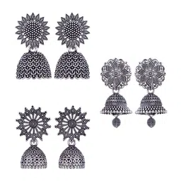 MEENAZ Set Of 3 Silver-Plated Stone-Studded & Beaded Stainless Steel Oxidised Jhumkas-picture-24
