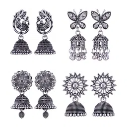 MEENAZ Set Of 4 Silver-Plated Peacock Shaped Jhumkas-picture-21