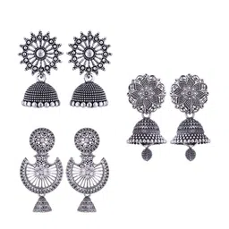 MEENAZ Set Of 3 Silver-Plated Dome Shaped Jhumkas-picture-11