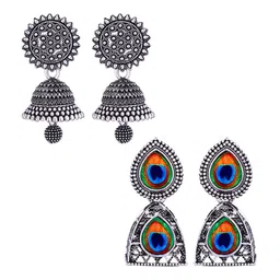 MEENAZ Set Of 2 Silver-Plated Stainless Steel Oxidised Contemporary Jhumkas-picture-26