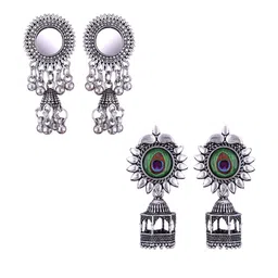 MEENAZ Set Of 2 Silver-Plated Dome Shaped Oxidised Jhumkas-picture-15