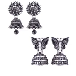 MEENAZ Set Of 2 Silver-Plated Stainless Steel Oxidised Contemporary Jhumkas-picture-25