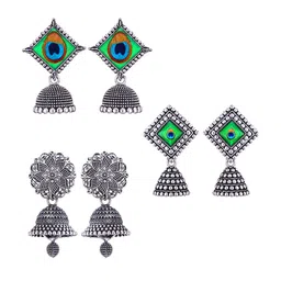 MEENAZ Set Of 3 Silver-Plated Dome Shaped Jhumkas-picture-15
