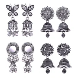 MEENAZ Set Of 4 Silver-Plated Stone-Studded & Beaded Stainless Steel Oxidised Jhumkas-picture-10