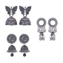 MEENAZ Set Of 3 Silver-Plated Stainless Steel Oxidised Contemporary Jhumkas-picture-35
