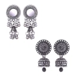 MEENAZ Set Of 2 Silver-Plated Dome Shaped Oxidised Jhumkas-picture-41
