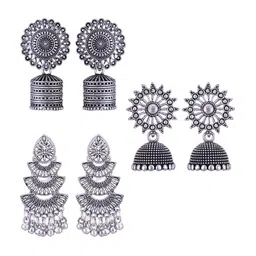 MEENAZ Set Of 3 Silver-Plated Stainless Steel Oxidised Contemporary Jhumkas-picture-25