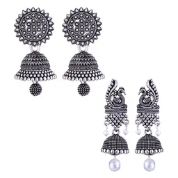 MEENAZ Set Of 2 Silver-Plated Beaded Peacock Shaped Jhumkas-picture-39