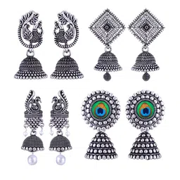 MEENAZ Set Of 4 Silver-Plated Beaded Peacock Shaped Jhumkas-picture-13