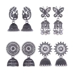 MEENAZ Set of 4 Oxidised Silver Plated Stainless Steel Jhumkas-picture-37