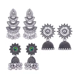 MEENAZ Set of 3 Silver Plated Oxidised Jhumkas-picture-35