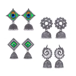 MEENAZ Set Of 4 Silver-Plated Stainless Steel Peacock Shaped Jhumkas-picture-13