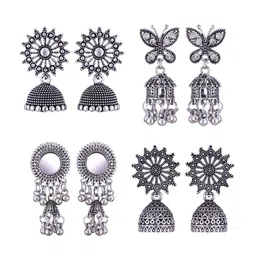 MEENAZ Set Of 4 Silver-Plated Stainless Steel Studded & Beaded Peacock Shaped Jhumkas-picture-35