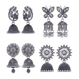 MEENAZ Set Of 4 Silver-Plated Stainless Steel Oxidised Contemporary Jhumkas-picture-27