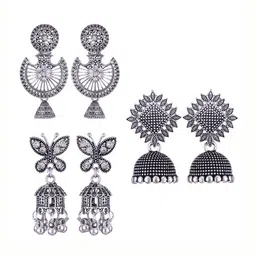 MEENAZ Set Of 3 Silver-Plated Stainless Steel Studded & Beaded Peacock Shaped Jhumkas-picture-17
