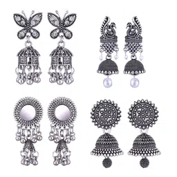 MEENAZ Set Of 4 Silver-Plated Beaded Oxidised Jhumkas-picture-29