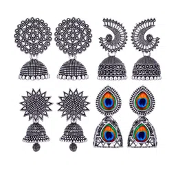 MEENAZ Set Of 4 Stainless Steel Silver Plated Artificial Stones and Beads Studded Earrings-picture-38