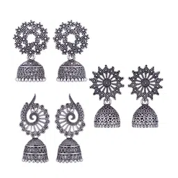 MEENAZ Set Of 3 Silver-Plated Stainless Steel Oxidised Contemporary Jhumkas-picture-34