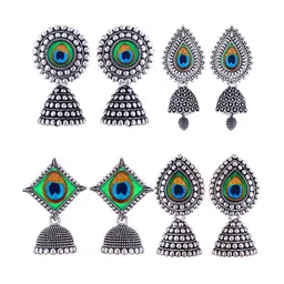 MEENAZ Set Of 4 Silver Plated Dome Shaped Oxidised Stainless Steel Jhumkas-picture-27