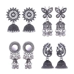MEENAZ Set Of 4 Silver-Plated Stainless Steel Peacock Shaped Jhumkas image 1
