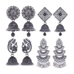 MEENAZ Set Of 4 Silver-Plated Oxidised Jhumkas image 1