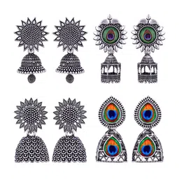 MEENAZ Set Of 4 Silver Plated Oxidised Dome Shaped Stainless Steel Jhumkas-picture-15