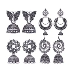 MEENAZ Set Of 4 Stainless Steel Silver Plated Oxidised Dome Shaped Jhumkas-picture-37