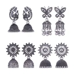 MEENAZ Set Of 4 Stainless Steel Silver-Plated Peacock Shaped Jhumkas Earrings-picture-33