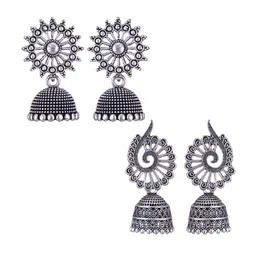 MEENAZ Set Of 2 Silver-Plated Oxidised Jhumkas image 1