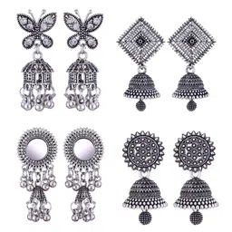 MEENAZ Set Of 4 Stainless Steel Silver-Plated Peacock Shaped Jhumkas Earrings-picture-12