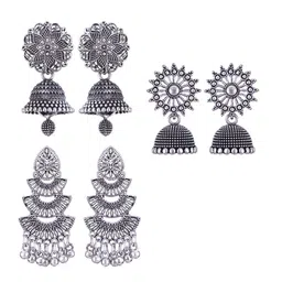 MEENAZ Set of 3 Silver-Plated Dome Shaped Jhumkas Earrings-picture-25