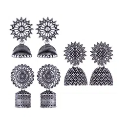 MEENAZ Set Of 3 Silver-Plated Oxidised Peacock Shaped Jhumkas-picture-27
