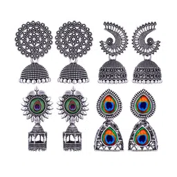 MEENAZ Set Of 4 Silver Plated Oxidised Dome Shaped Jhumkas-picture-28