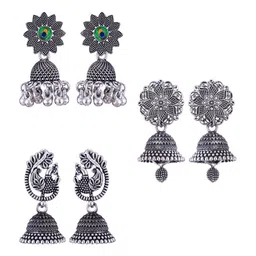 MEENAZ Set Of 3 Silver-Plated Peacock Shaped Jhumkas-picture-21
