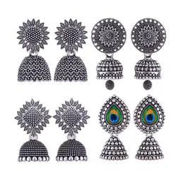 MEENAZ Set Of 4 Silver-Plated Stainless Steel Enamelled Jhumkas-picture-25