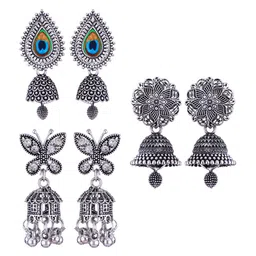 MEENAZ Set Of 3 Silver Plated Peacock Shaped Oxidized  Jhumkas-picture-39