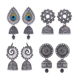 MEENAZ Set Of 4 Silver-Plated Stainless Steel Peacock Shaped Jhumkas-picture-24