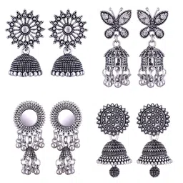 MEENAZ Set of 4 Silver Plated Oxidised Jhumkas-picture-25