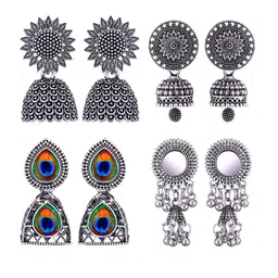 MEENAZ Set Of 4 Silver-Plated Stone-Studded & Beaded Stainless Steel Oxidised Jhumkas-picture-26
