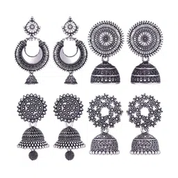 MEENAZ Set Of 4 Stainless Steel Silver Plated Artificial Stones and Beads Studded Earrings-picture-25