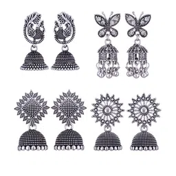 MEENAZ Set of 4 Silver-Plated Dome Shaped Jhumkas Earrings-image-57