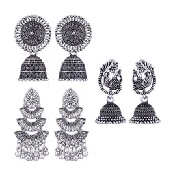 MEENAZ Set Of 3 Silver-Plated Dome Shaped Oxidised Jhumkas-picture-35